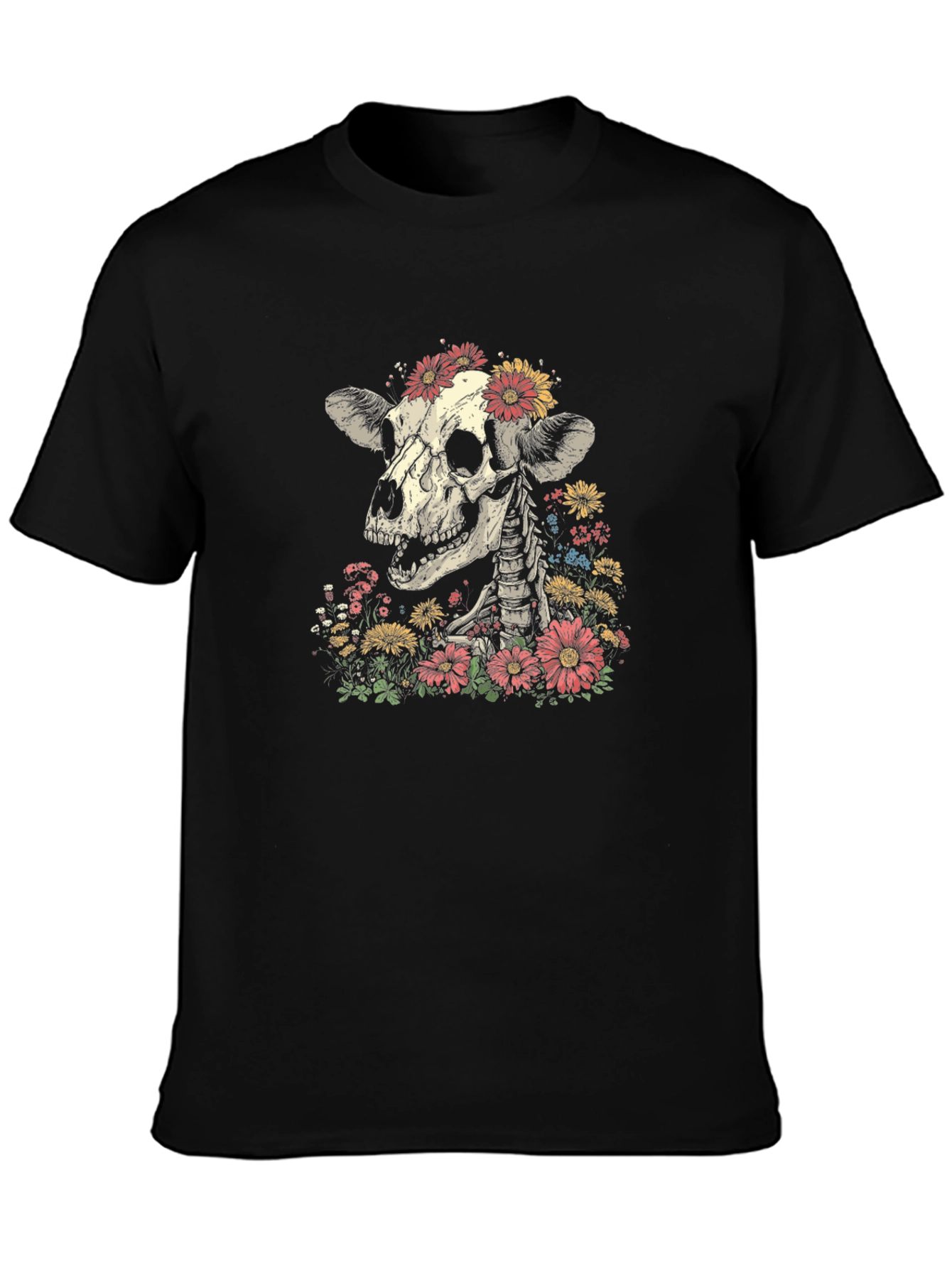 Floral Skull Graphic T-Shirt - Black