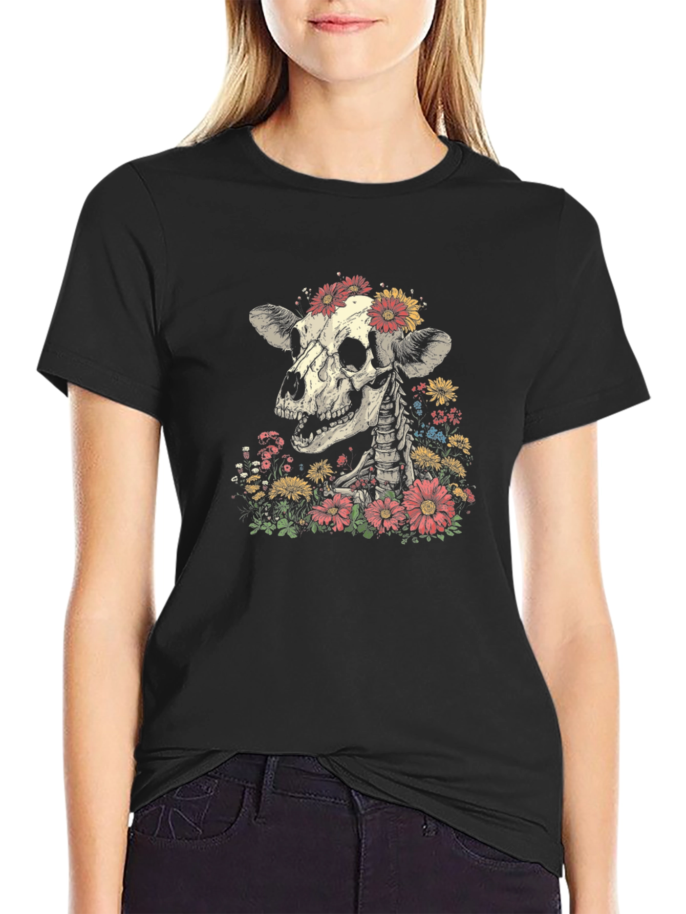 Floral Skull Graphic T-Shirt - Black
