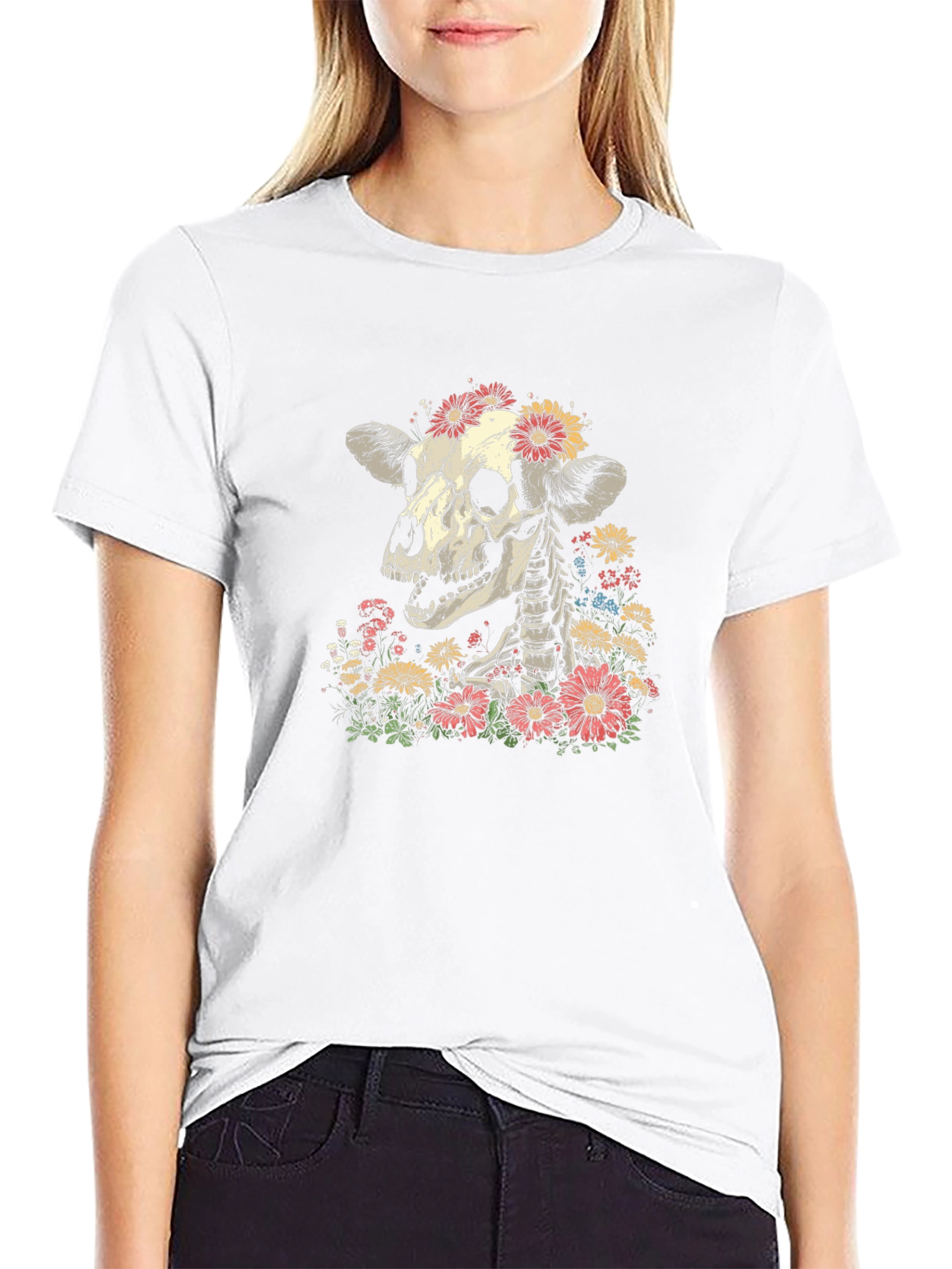 Floral Skull Graphic T-Shirt - Black