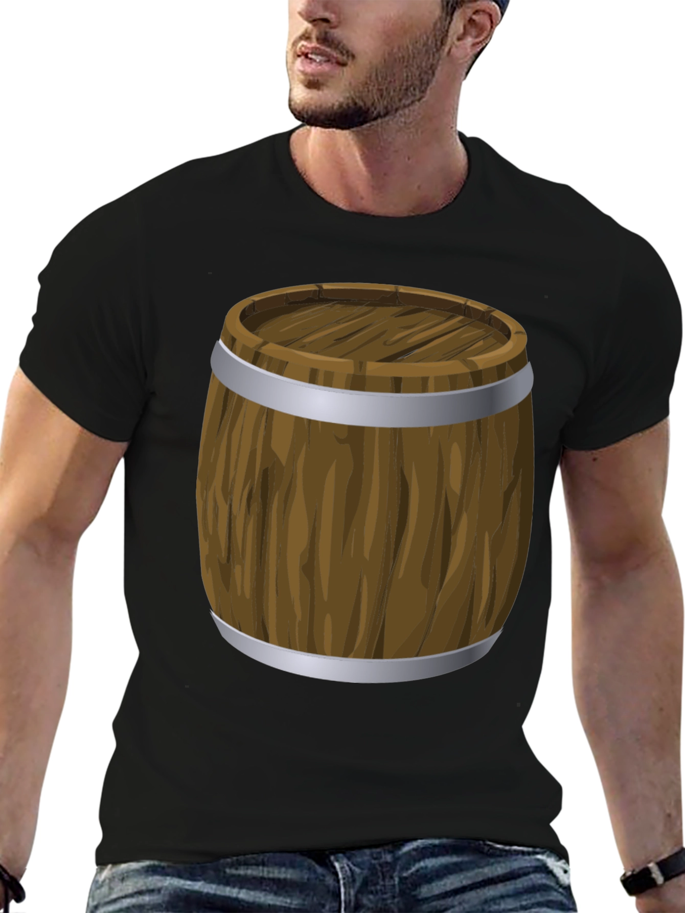Cartoon Barrel Graphic Print Black T-Shirt