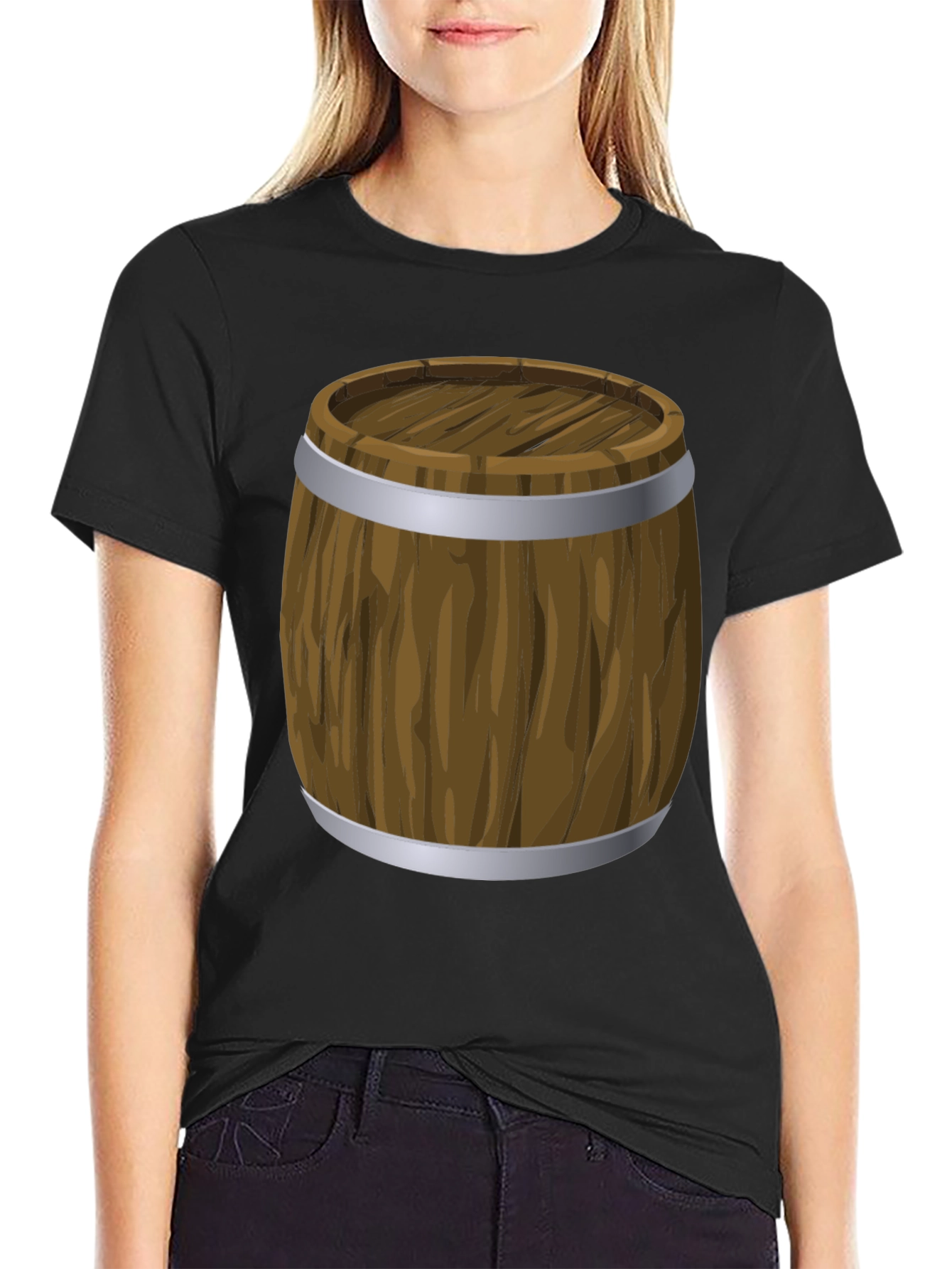 Cartoon Barrel Graphic Print Black T-Shirt