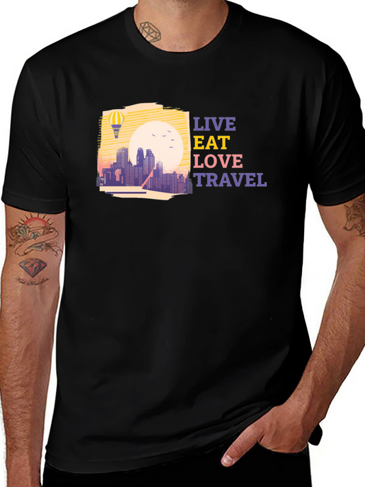 Live Eat Love Travel T-Shirt - Cityscape Hot Air Balloon Graphic