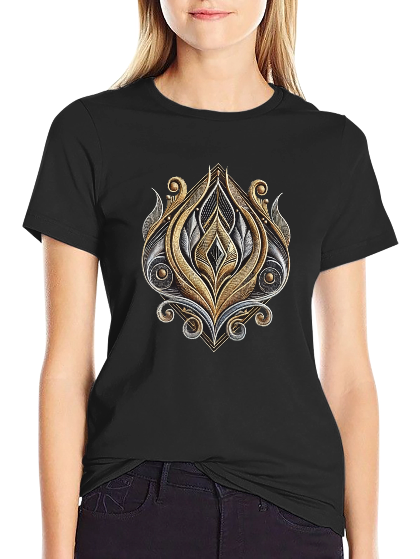 Ornate Metallic Design T-Shirt - Black