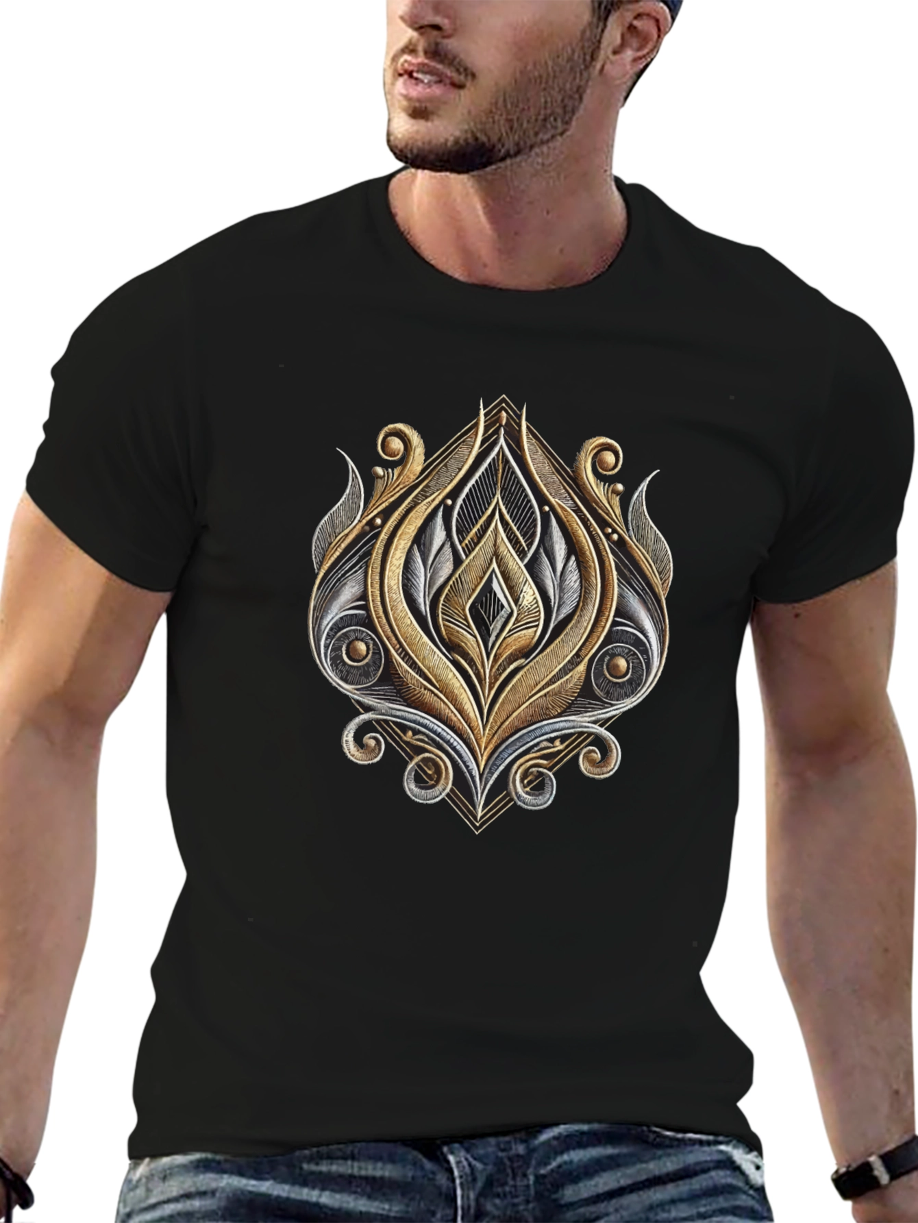 Ornate Metallic Design T-Shirt - Black