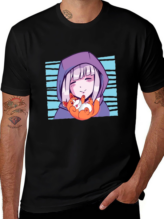 Anime Girl & Fox Graphic Tee - Black Cotton T-Shirt
