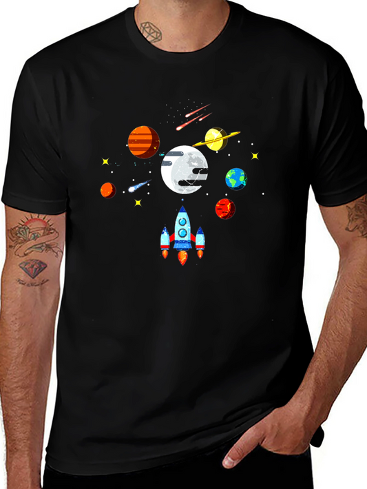 Space Rocket & Planets Graphic Tee - Black Cotton T-Shirt