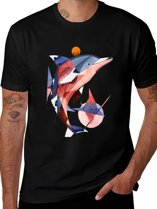 Geometric Dolphin Graphic Tee - Black Cotton Blend Casual T-Shirt