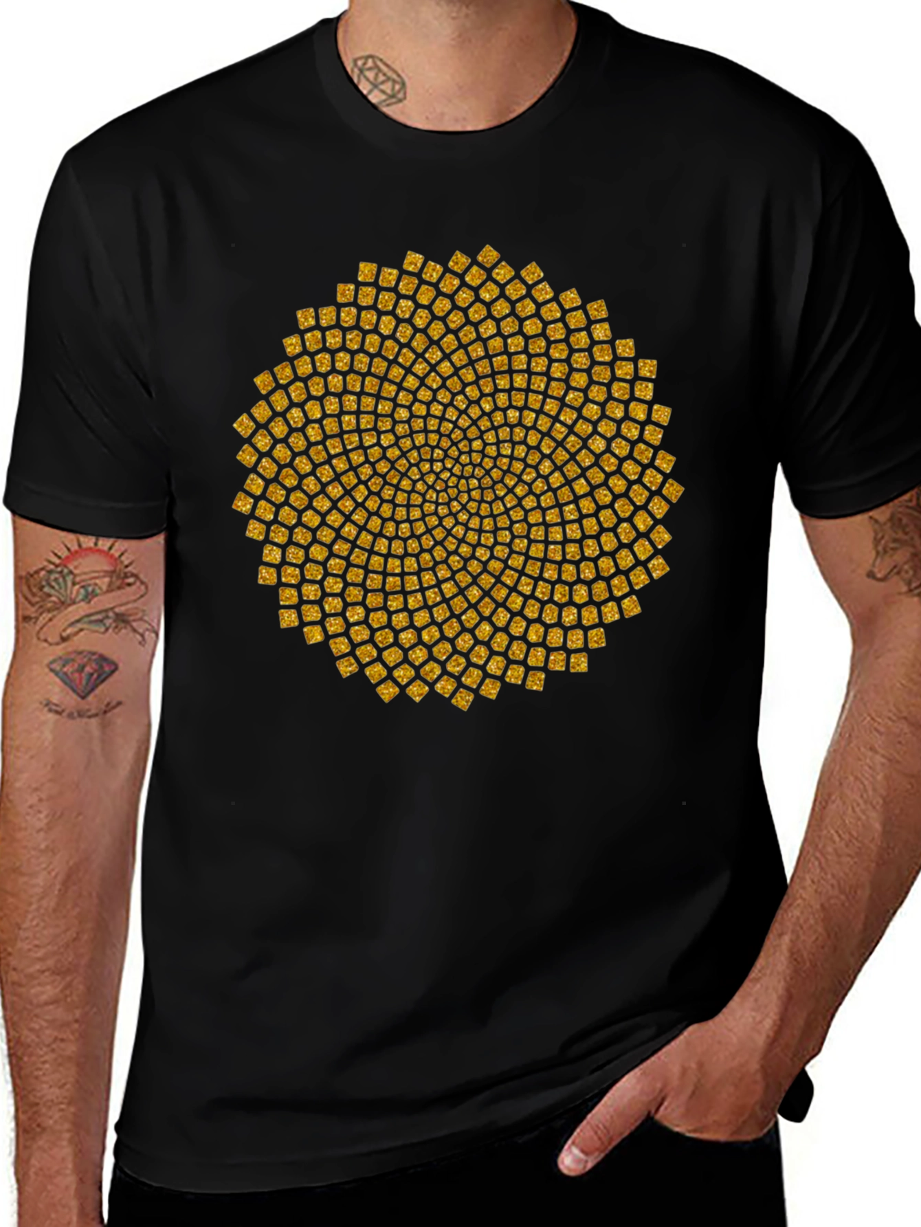 Geometric Gold Pattern Black T-Shirt