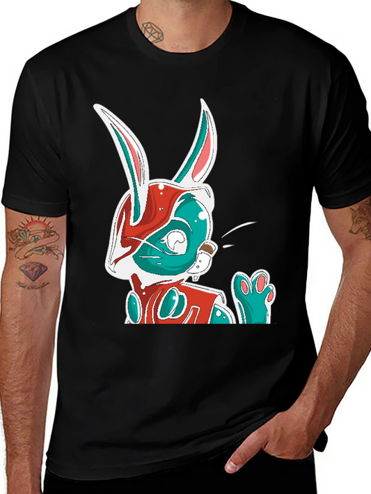Cool Cartoon Rabbit Graphic Print Black T-Shirt