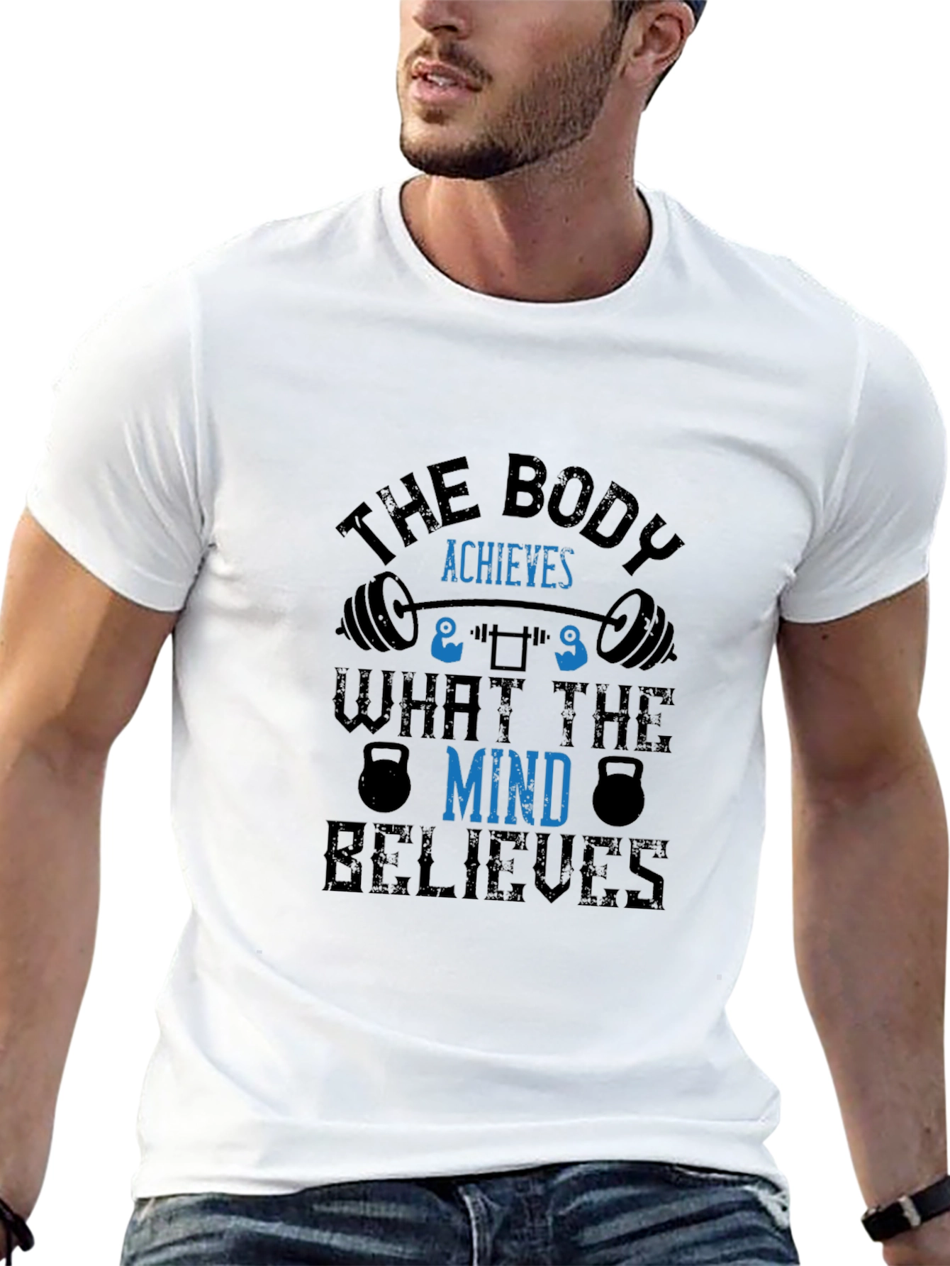 Motivational Fitness T-Shirt - Body Achieves Mind Believes