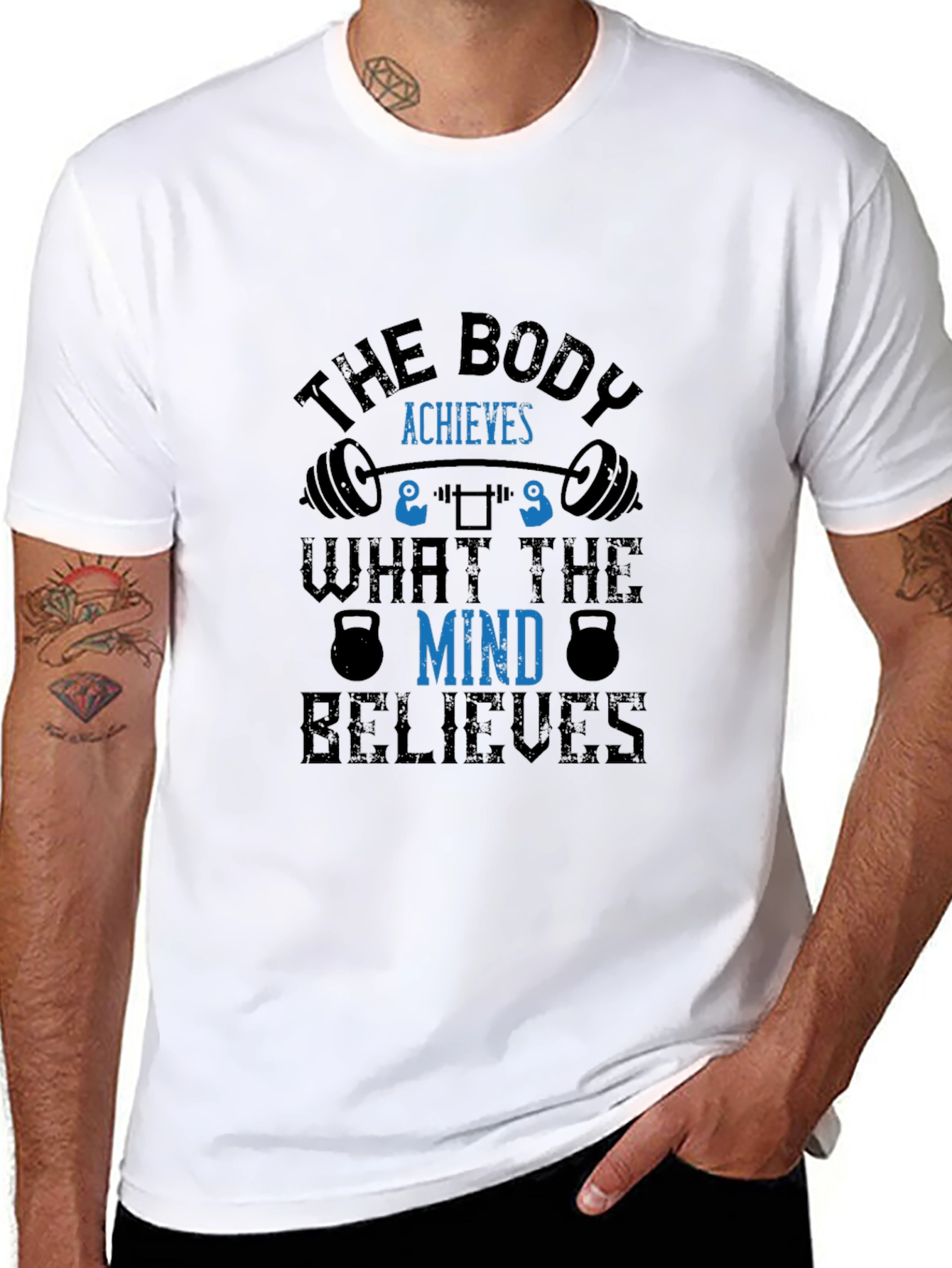 Motivational Fitness T-Shirt - Body Achieves Mind Believes