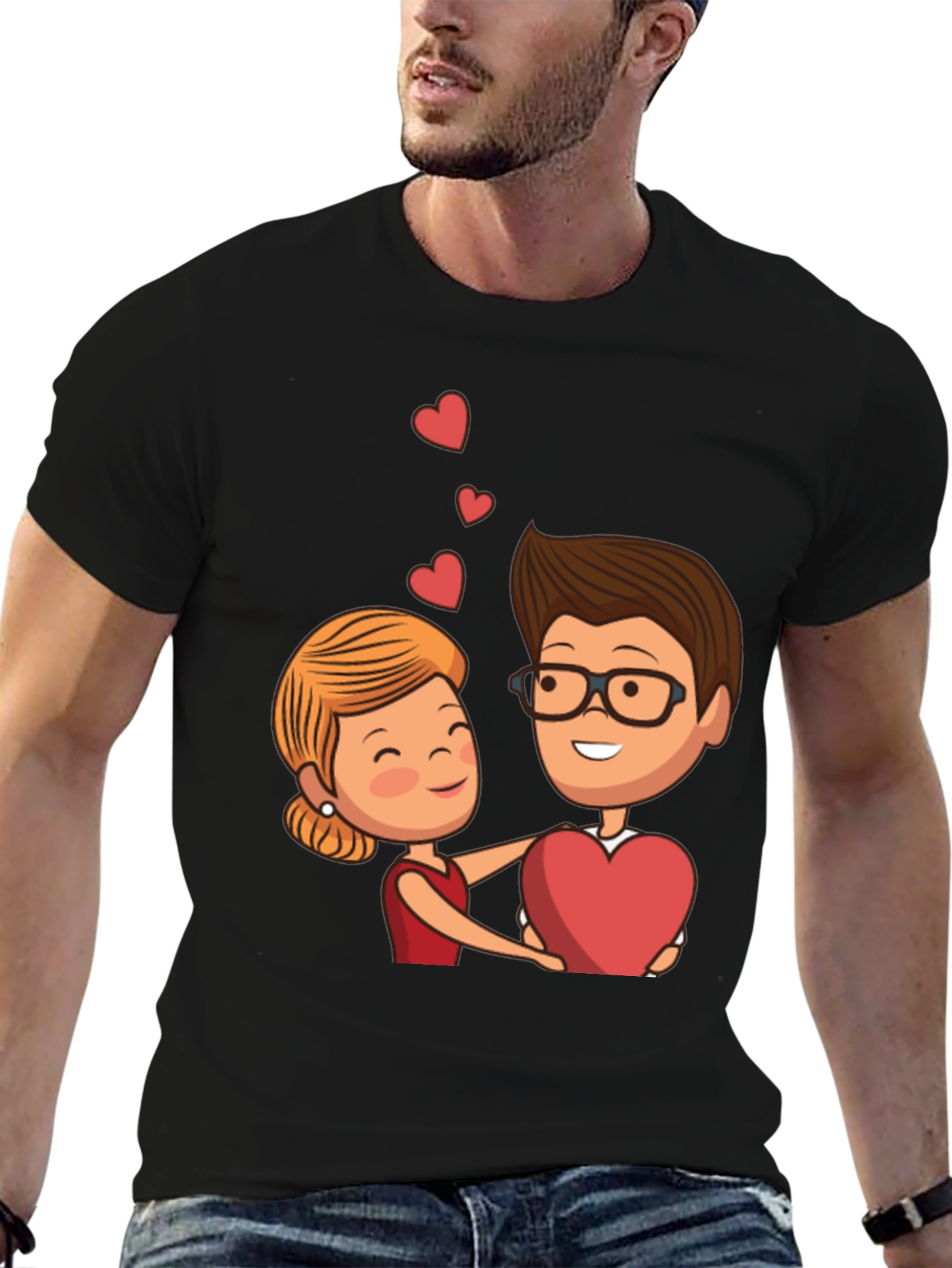 Cartoon Couple Heart Graphic Black T-Shirt