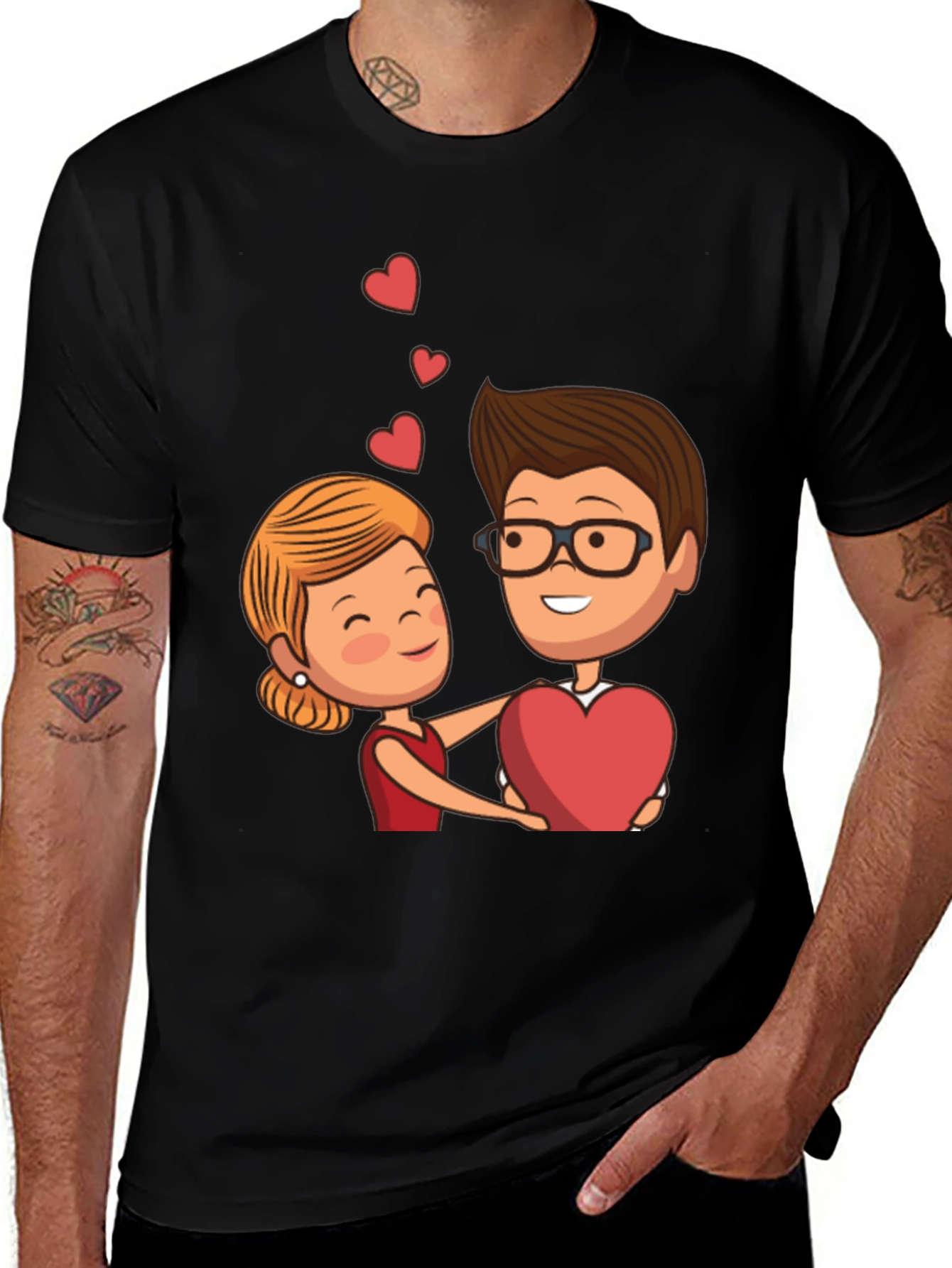 Cartoon Couple Heart Graphic Black T-Shirt