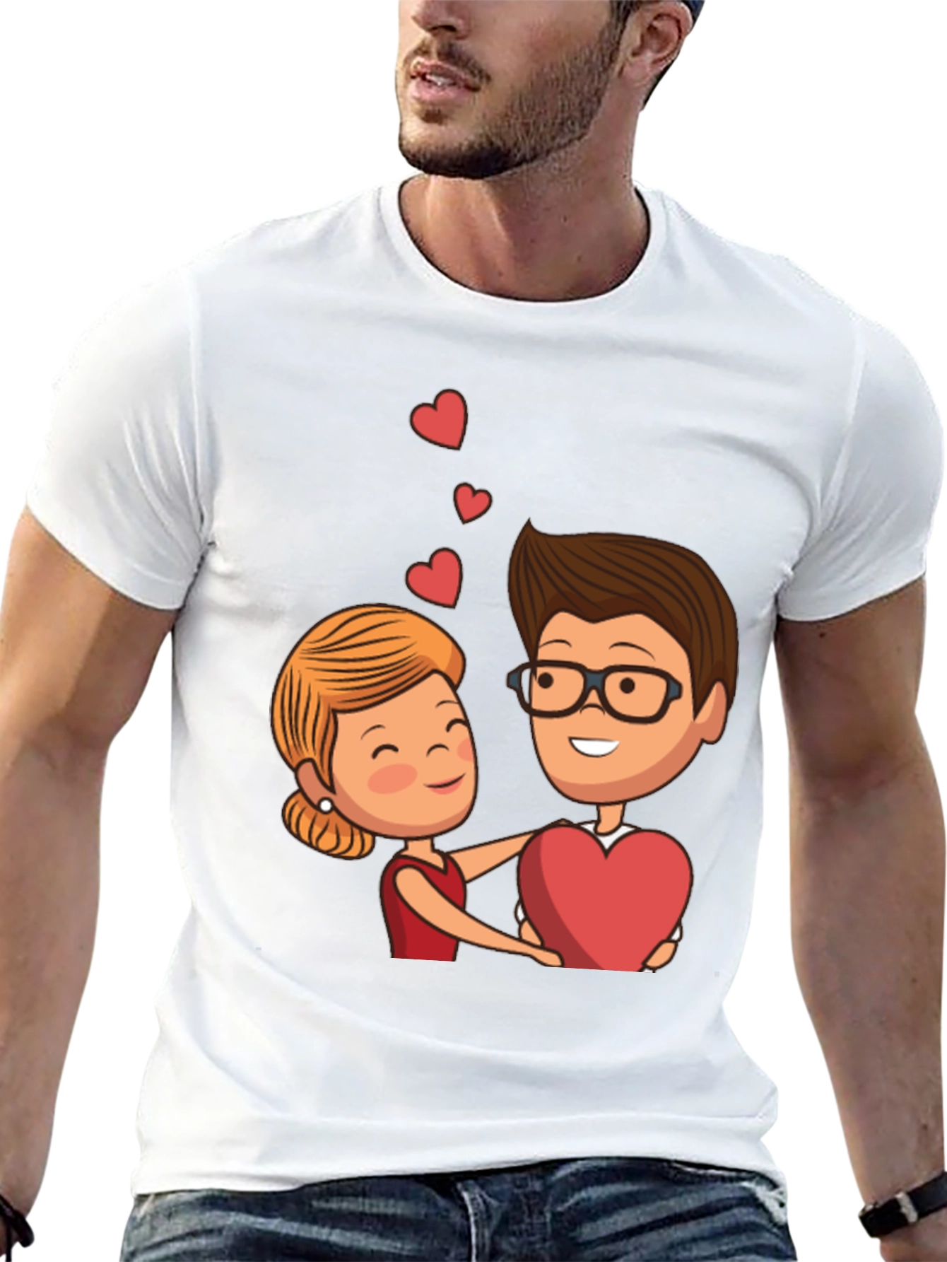 Cartoon Couple Heart Graphic Black T-Shirt