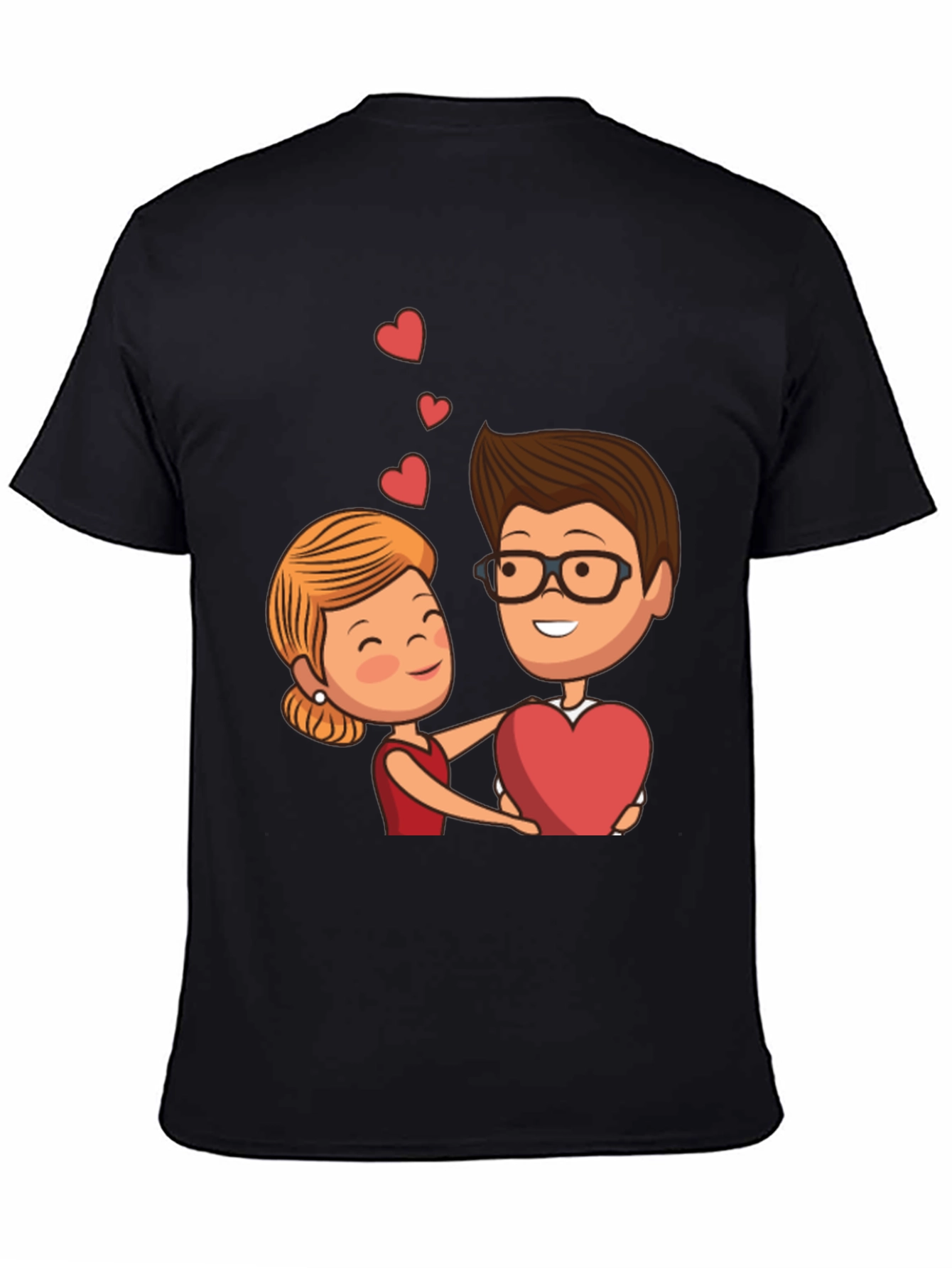 Cartoon Couple Heart Graphic Black T-Shirt