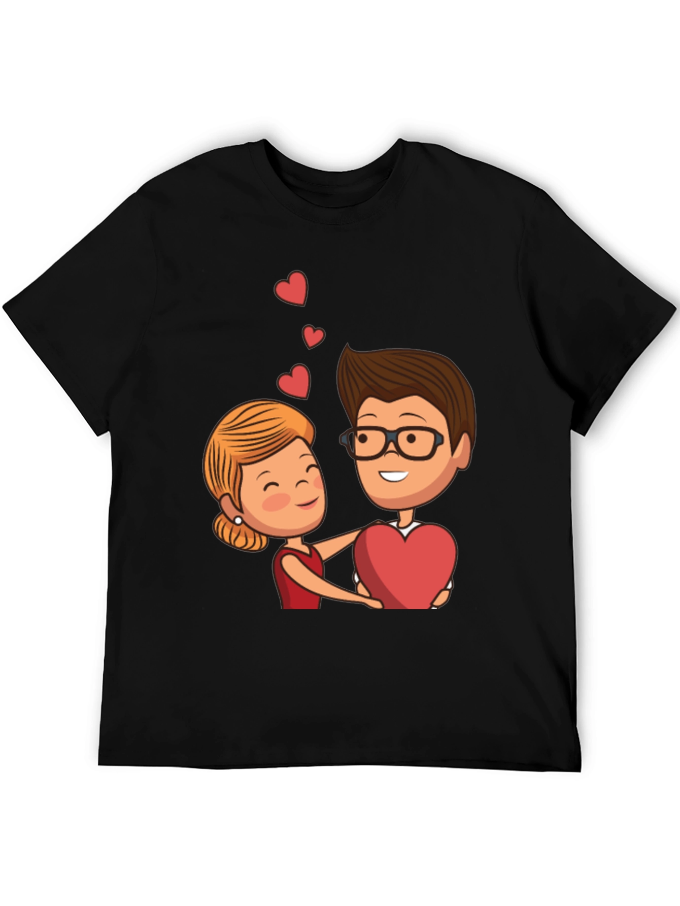 Cartoon Couple Heart Graphic Black T-Shirt