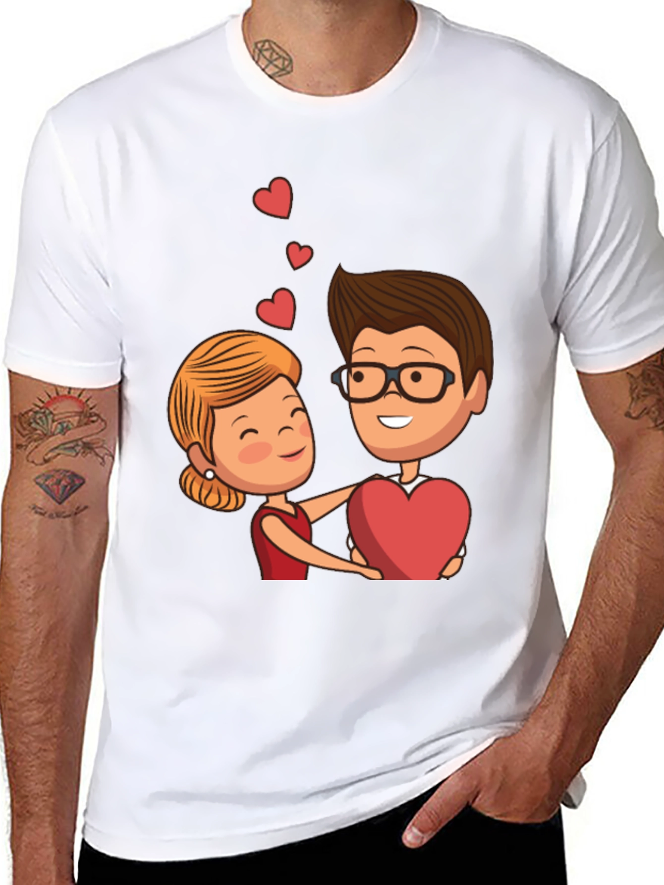 Cartoon Couple Heart Graphic Black T-Shirt