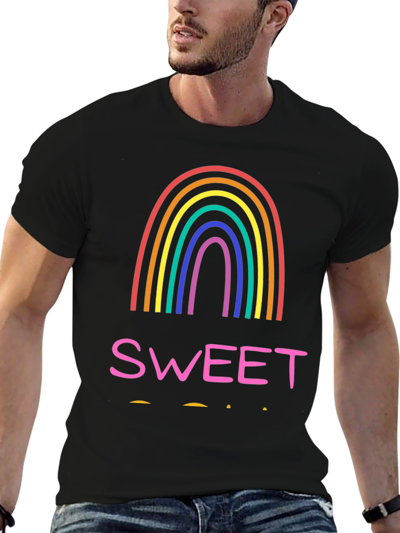 Sweet Rainbow Graphic Tee - Casual Black T-Shirt