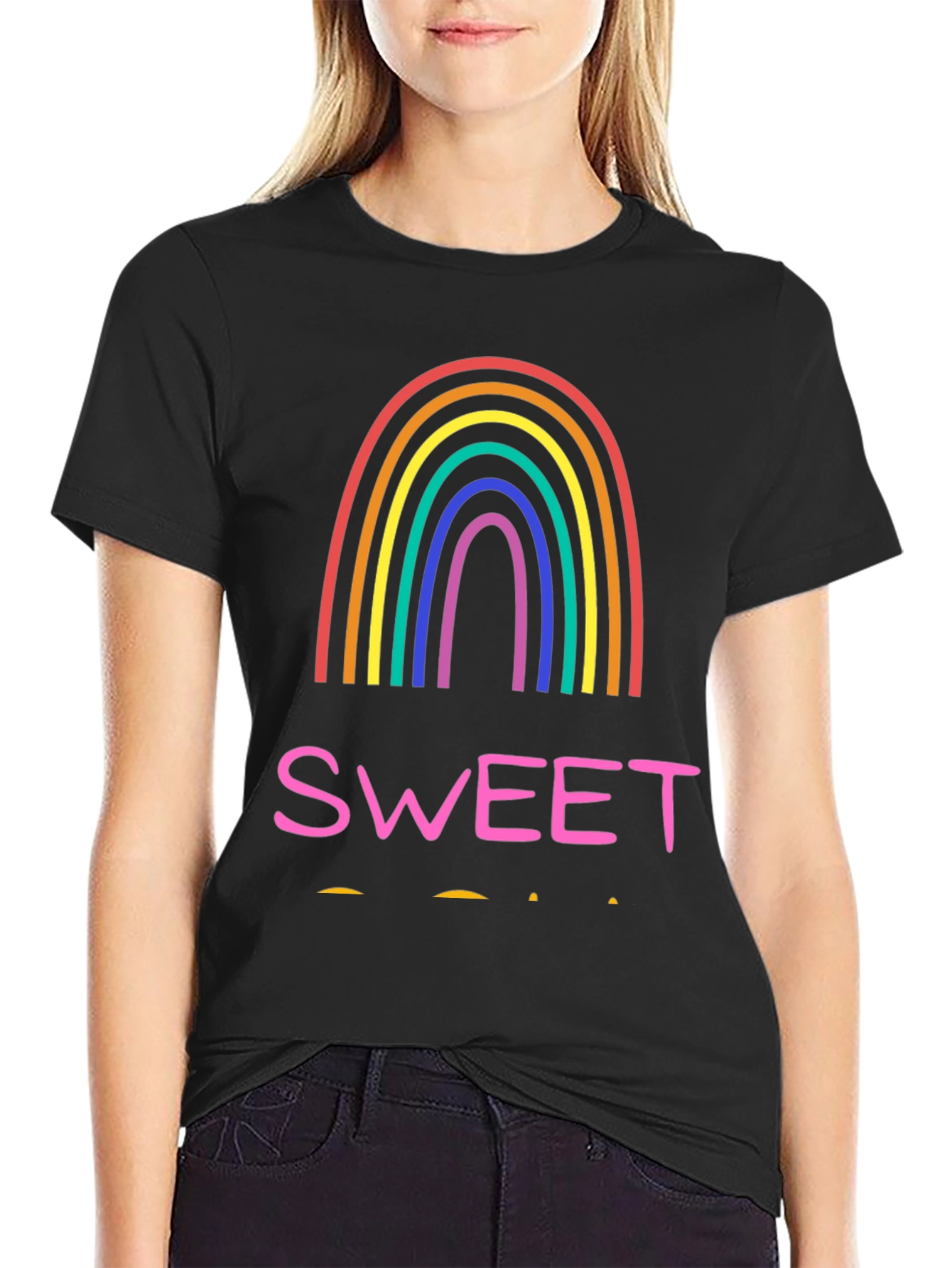 Sweet Rainbow Graphic Tee - Casual Black T-Shirt