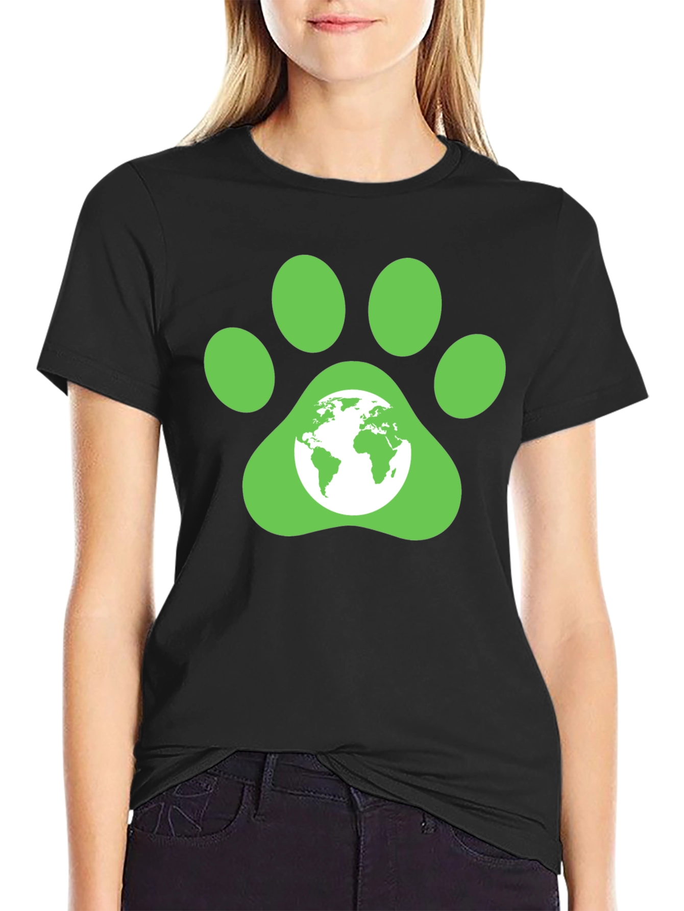 Green Paw Print Earth Graphic T-Shirt
