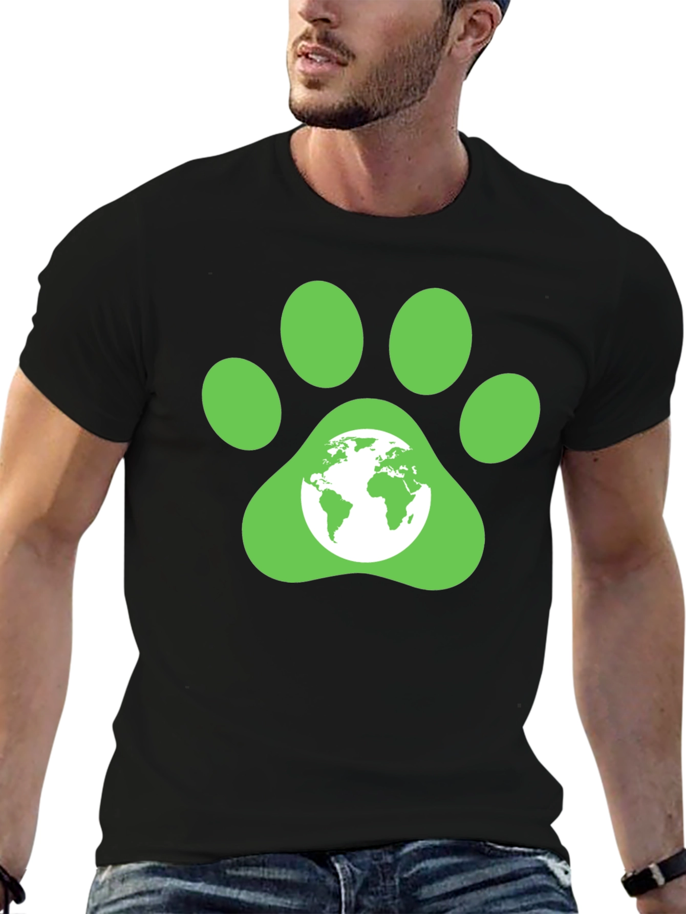 Green Paw Print Earth Graphic T-Shirt