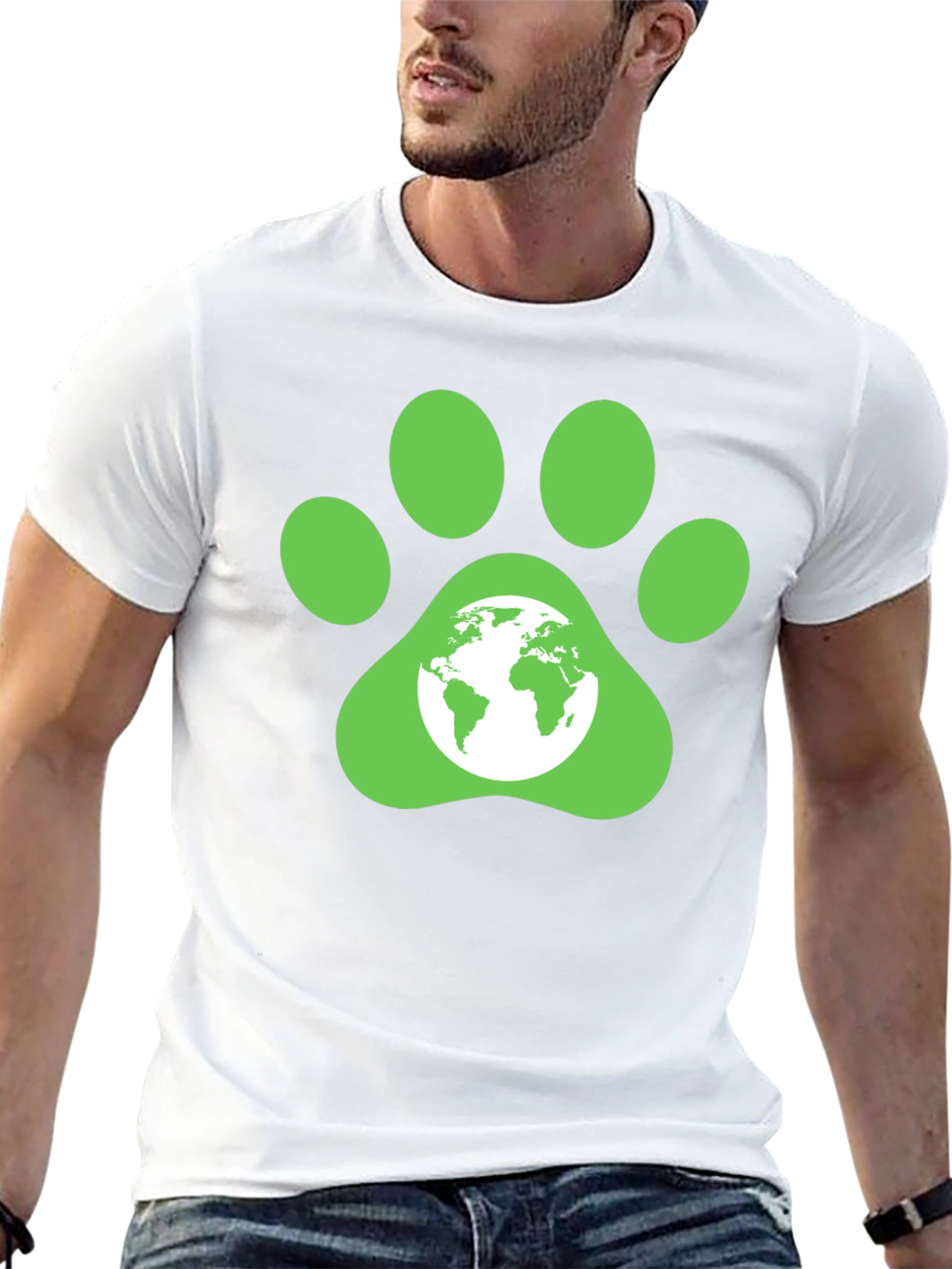 Green Paw Print Earth Graphic T-Shirt
