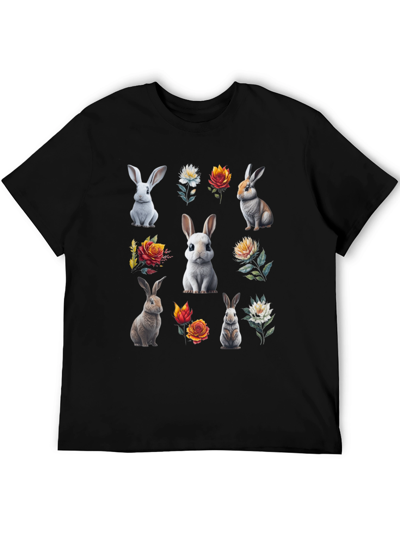 Bunny & Floral Print Black T-Shirt