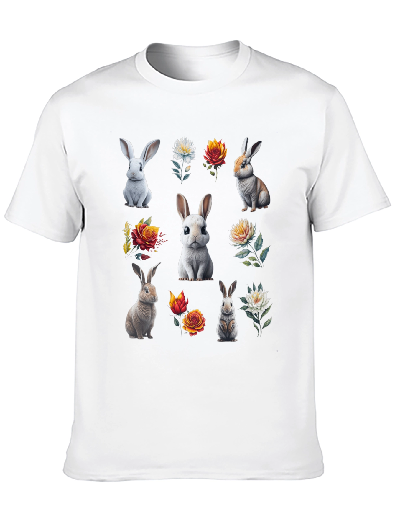 Bunny & Floral Print Black T-Shirt