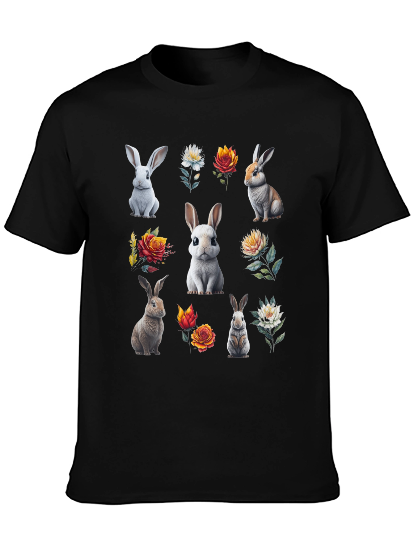 Bunny & Floral Print Black T-Shirt