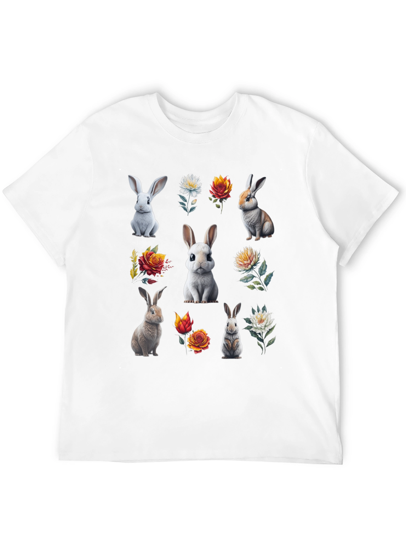 Bunny & Floral Print Black T-Shirt
