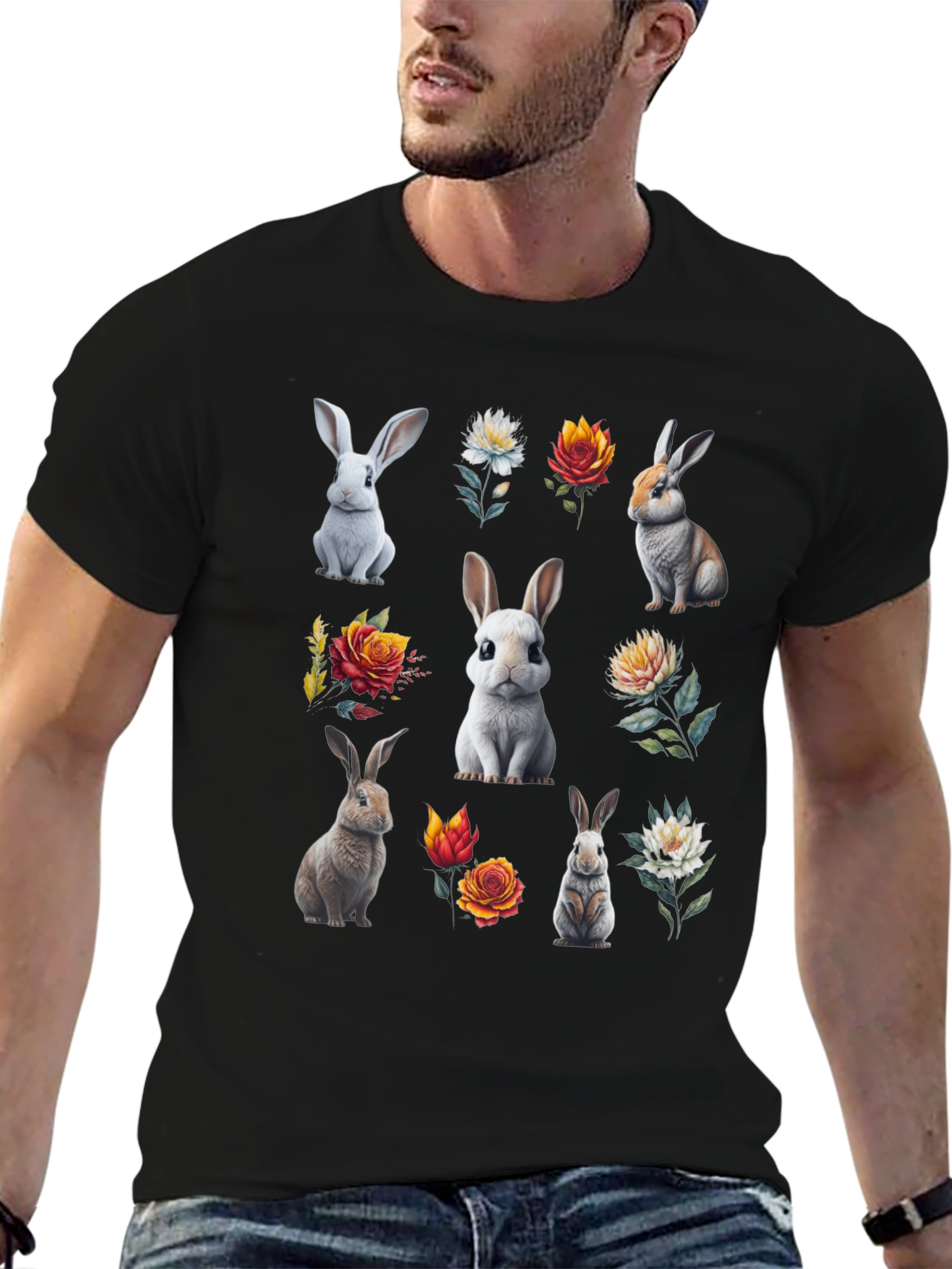 Bunny & Floral Print Black T-Shirt