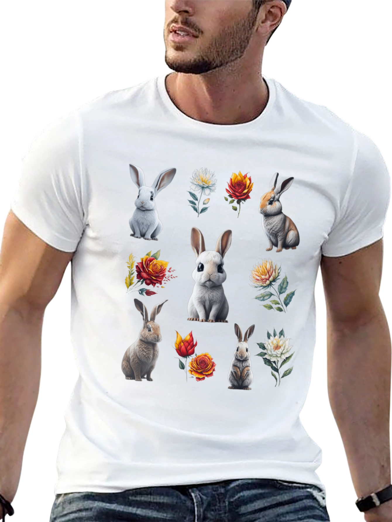 Bunny & Floral Print Black T-Shirt