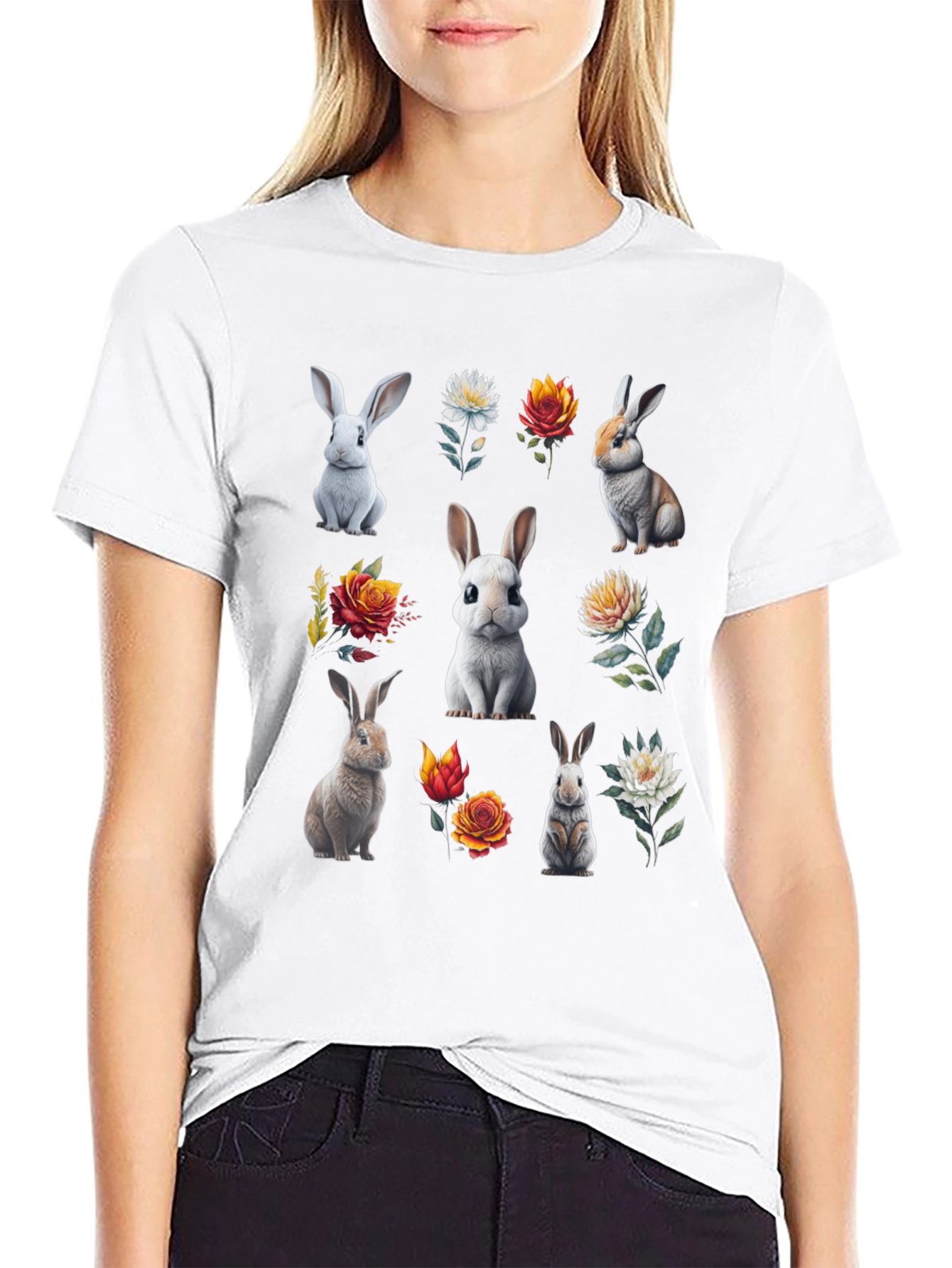 Bunny & Floral Print Black T-Shirt