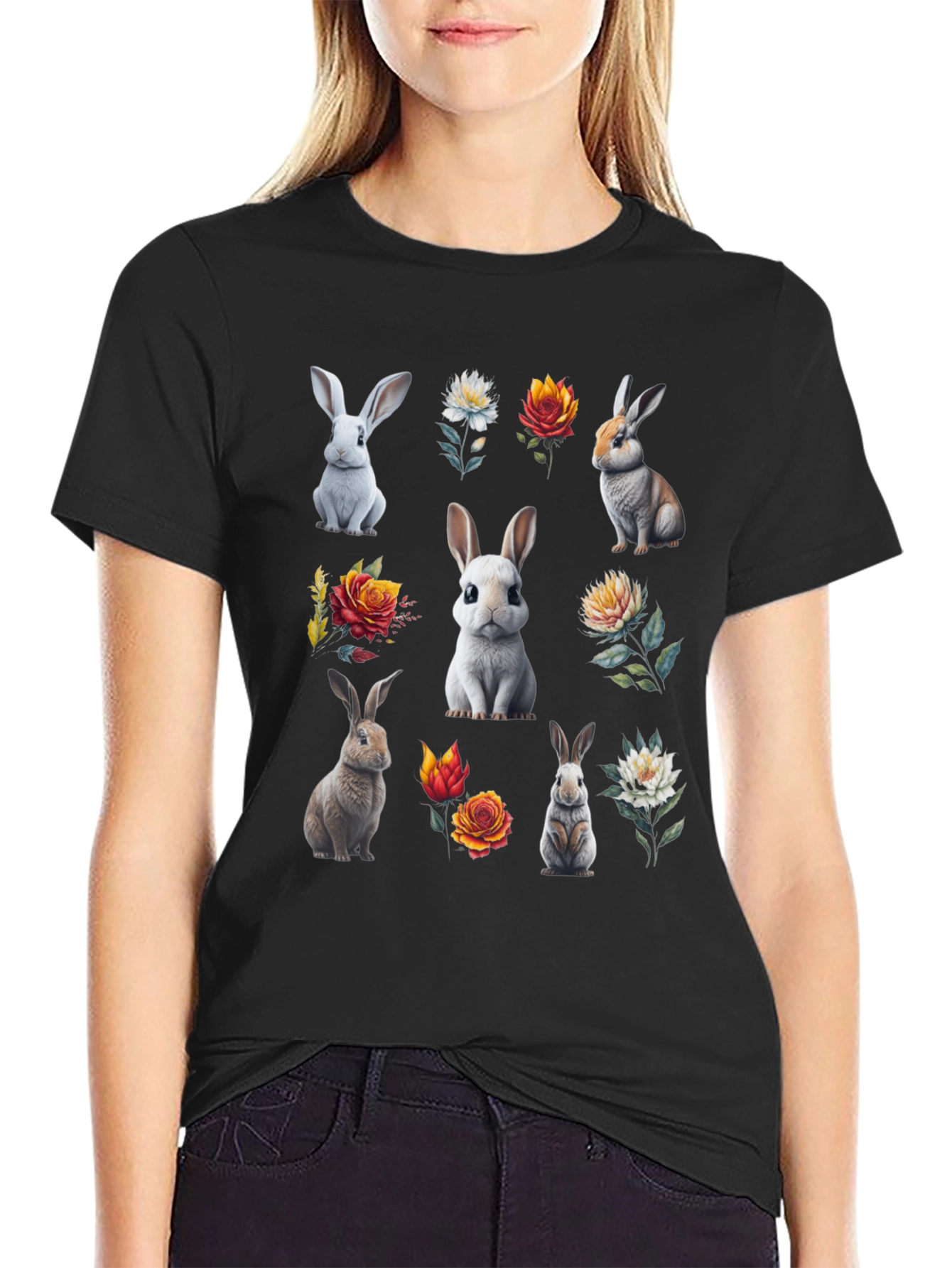 Bunny & Floral Print Black T-Shirt