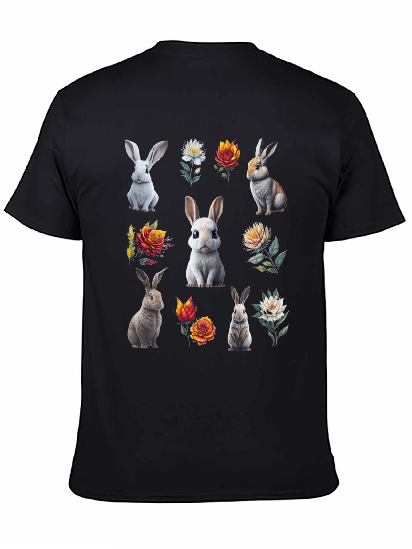 Bunny & Floral Print Black T-Shirt