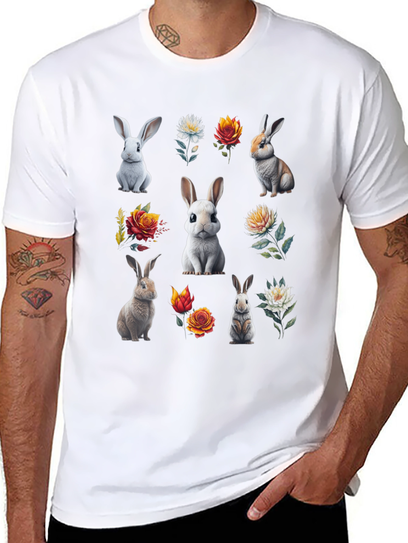 Bunny & Floral Print Black T-Shirt