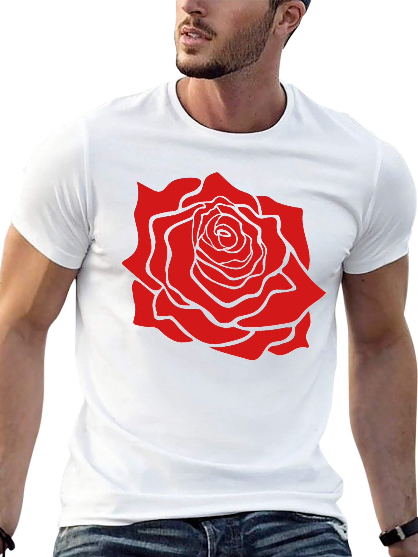 Black T-Shirt with Bold Red Rose Graphic