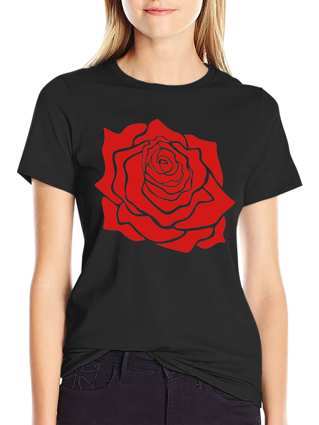 Black T-Shirt with Bold Red Rose Graphic