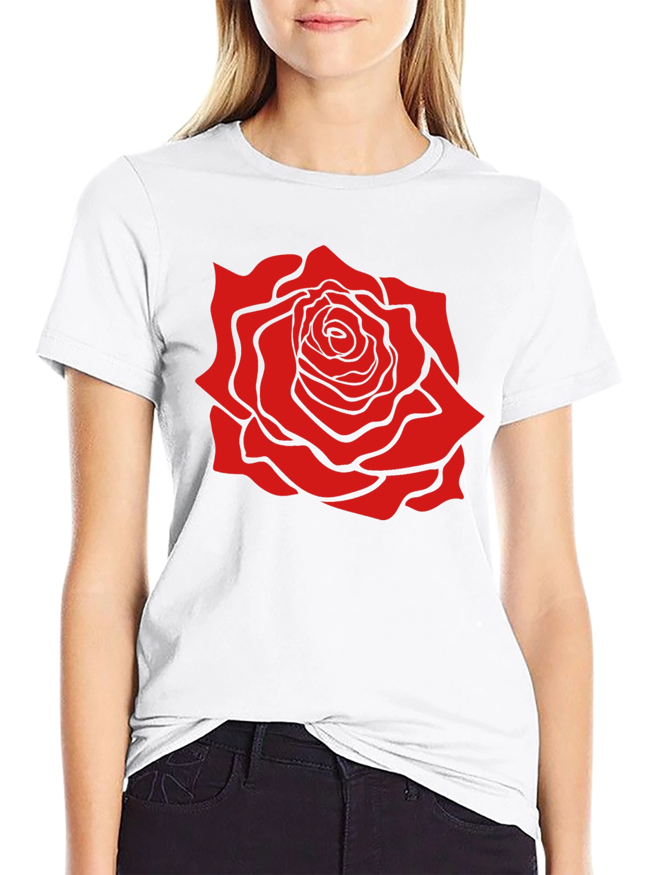 Black T-Shirt with Bold Red Rose Graphic