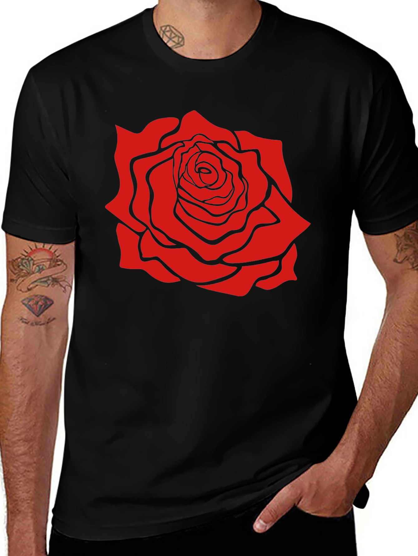 Black T-Shirt with Bold Red Rose Graphic