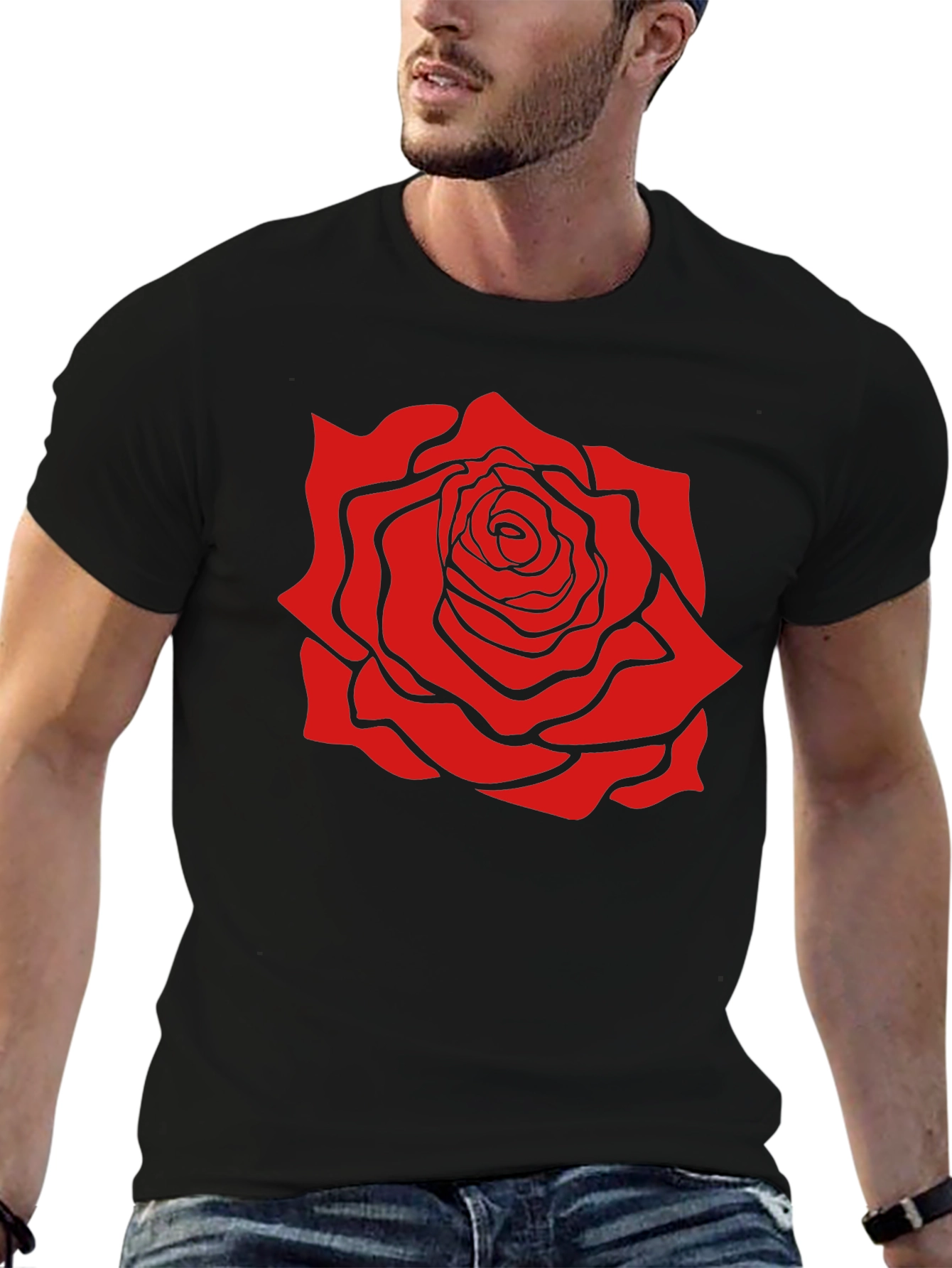 Black T-Shirt with Bold Red Rose Graphic