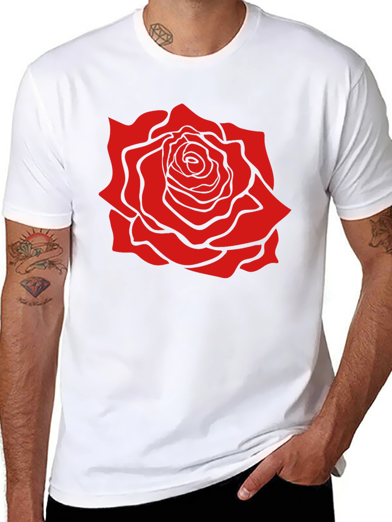 Black T-Shirt with Bold Red Rose Graphic