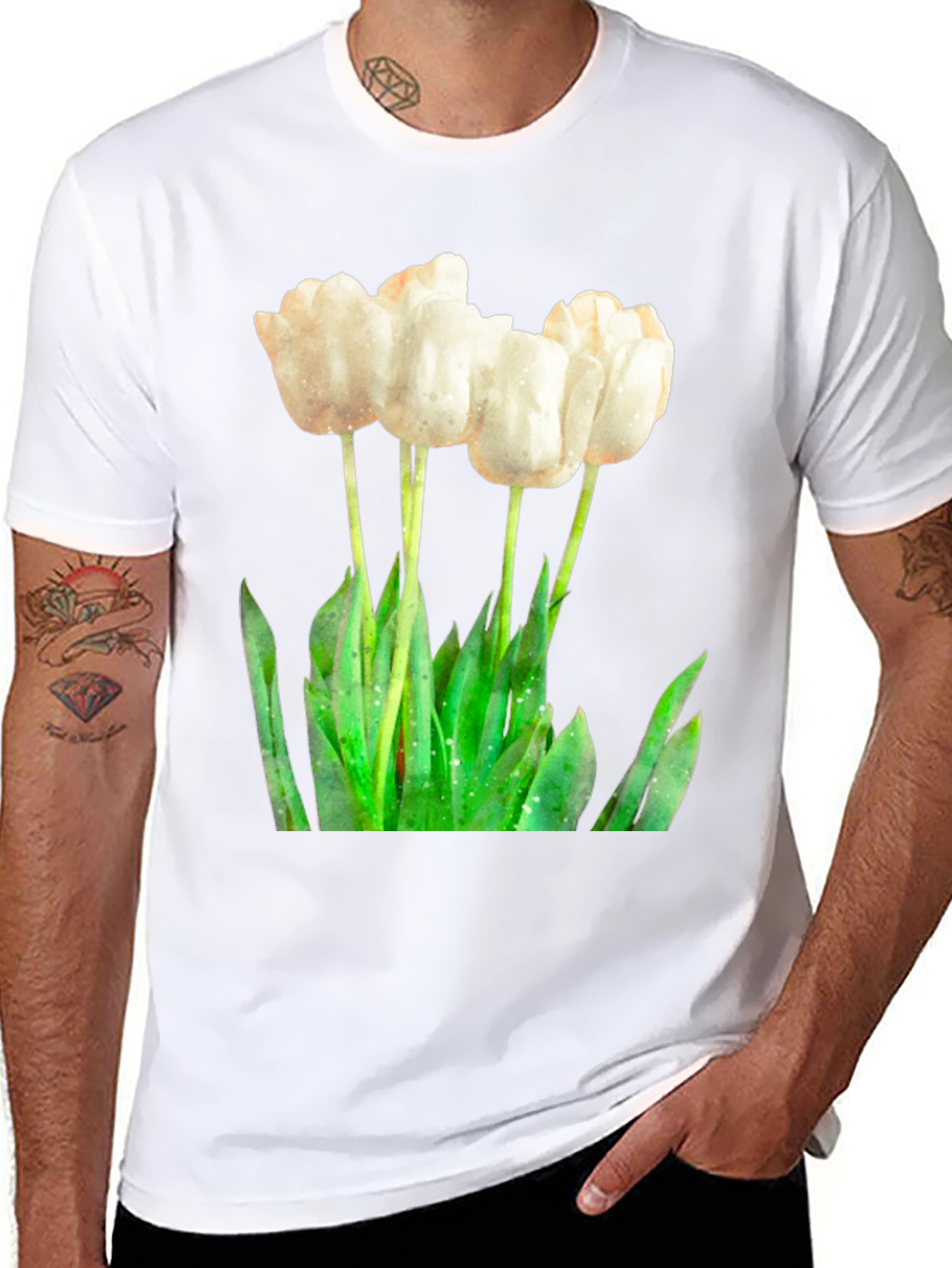 Elegant White Tulip Graphic Tee - Soft Cotton Blend