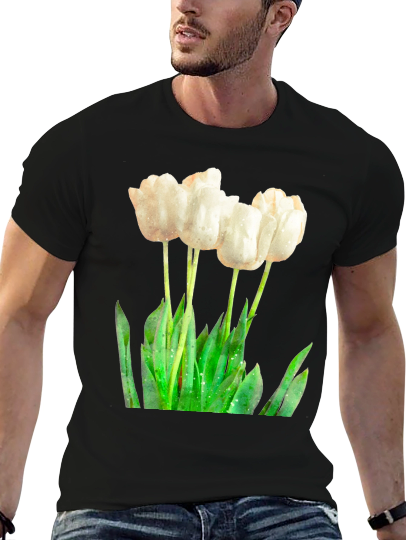 Elegant White Tulip Graphic Tee - Soft Cotton Blend