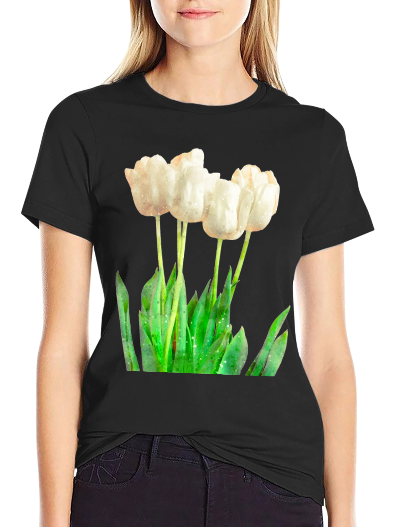 Elegant White Tulip Graphic Tee - Soft Cotton Blend