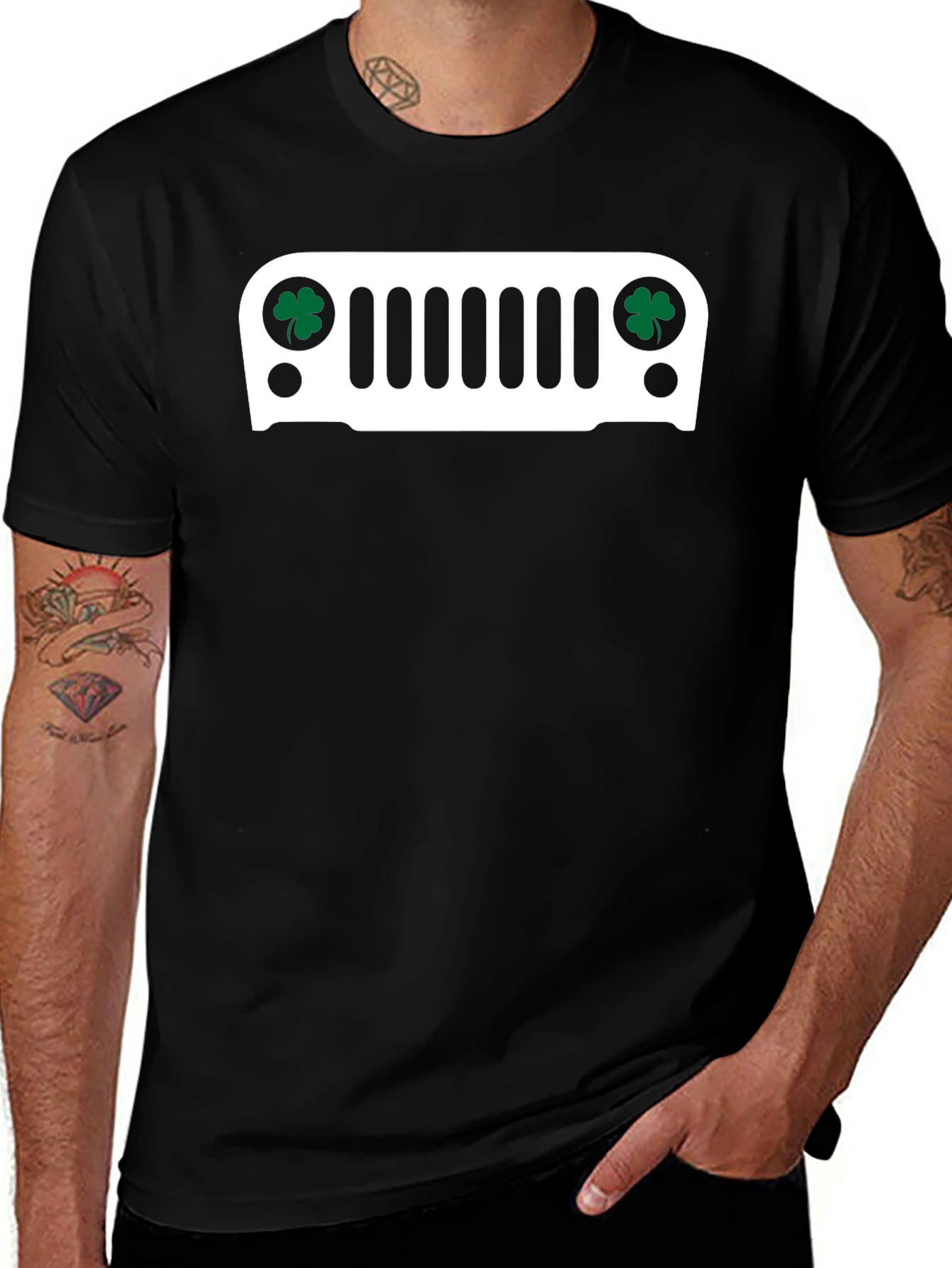 St. Patricks Day Jeep Grille Black T-Shirt