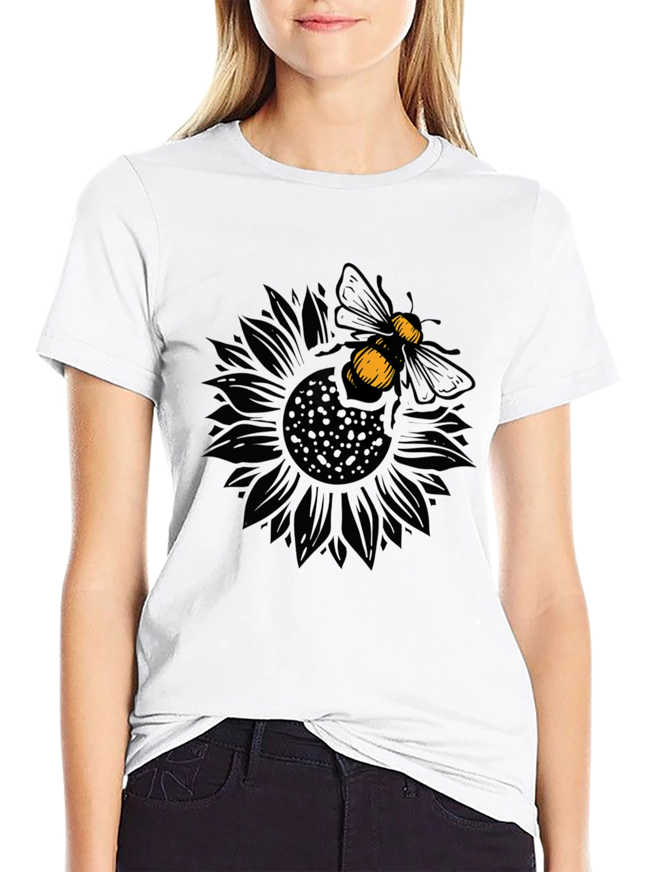 Bee on Sunflower Graphic Black T-Shirt