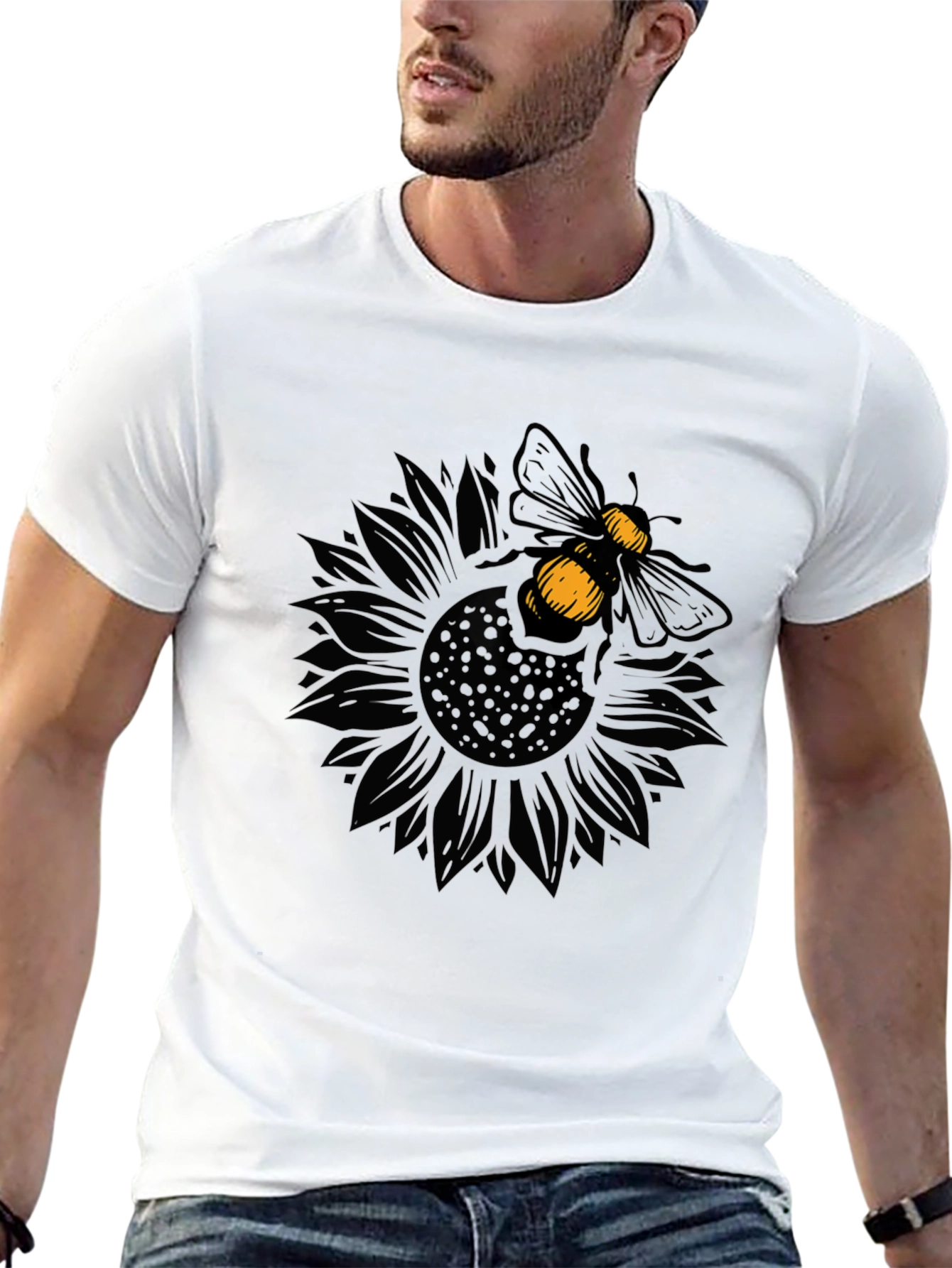 Bee on Sunflower Graphic Black T-Shirt