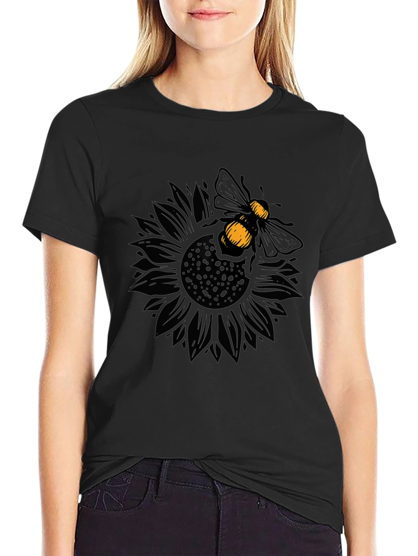 Bee on Sunflower Graphic Black T-Shirt