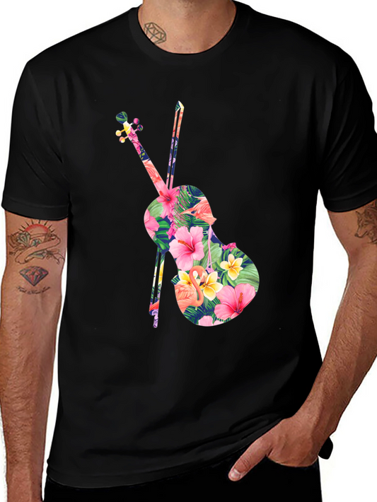Floral Violin Graphic Tee - Tropical Music Lover Shirt